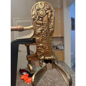 Antique Vinter Antique Brass Table Top Wine Bottle Opener w/ Wood Stand